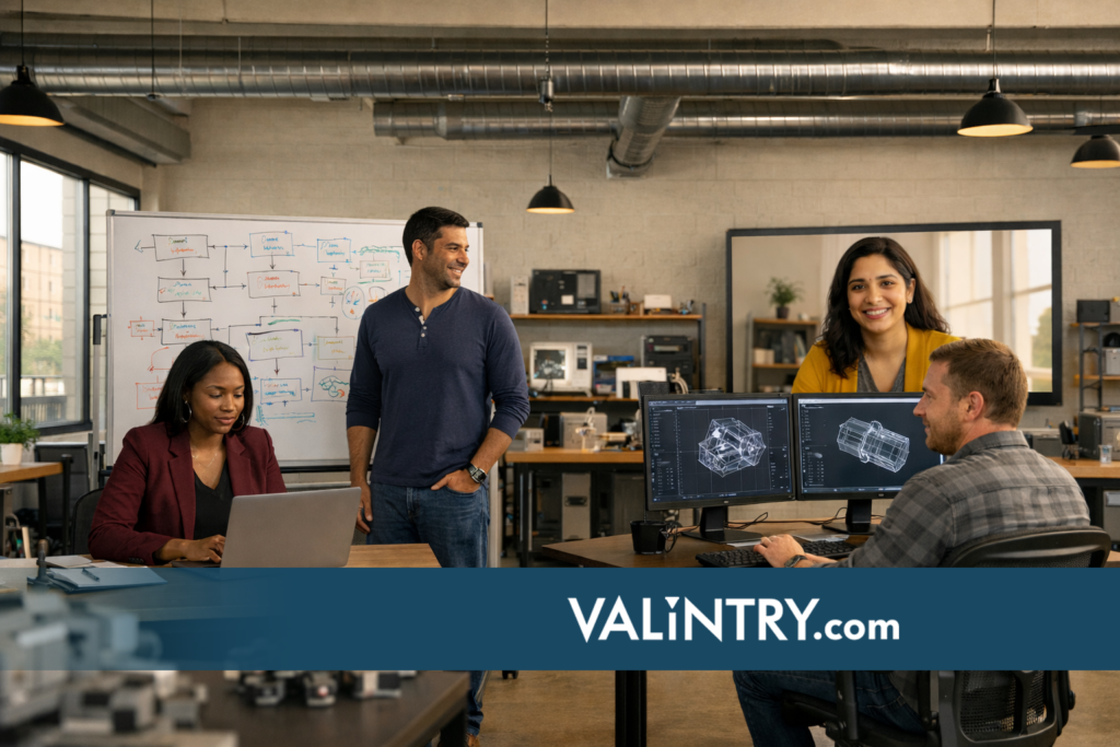 Diverse engineers collaborating in a hybrid workspace — VALiNTRY engineering staffing solutions for hybrid teams