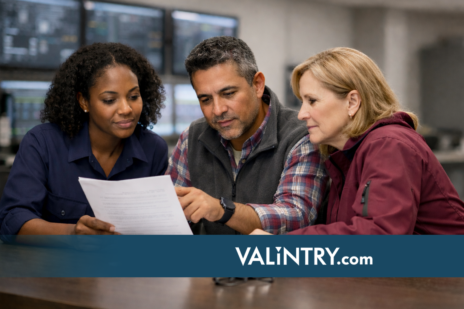 Diverse engineering leadership time reviewing field engineer salary benchmarks and job descriptions on-site — VALiNTRY Field Engineering Staffing