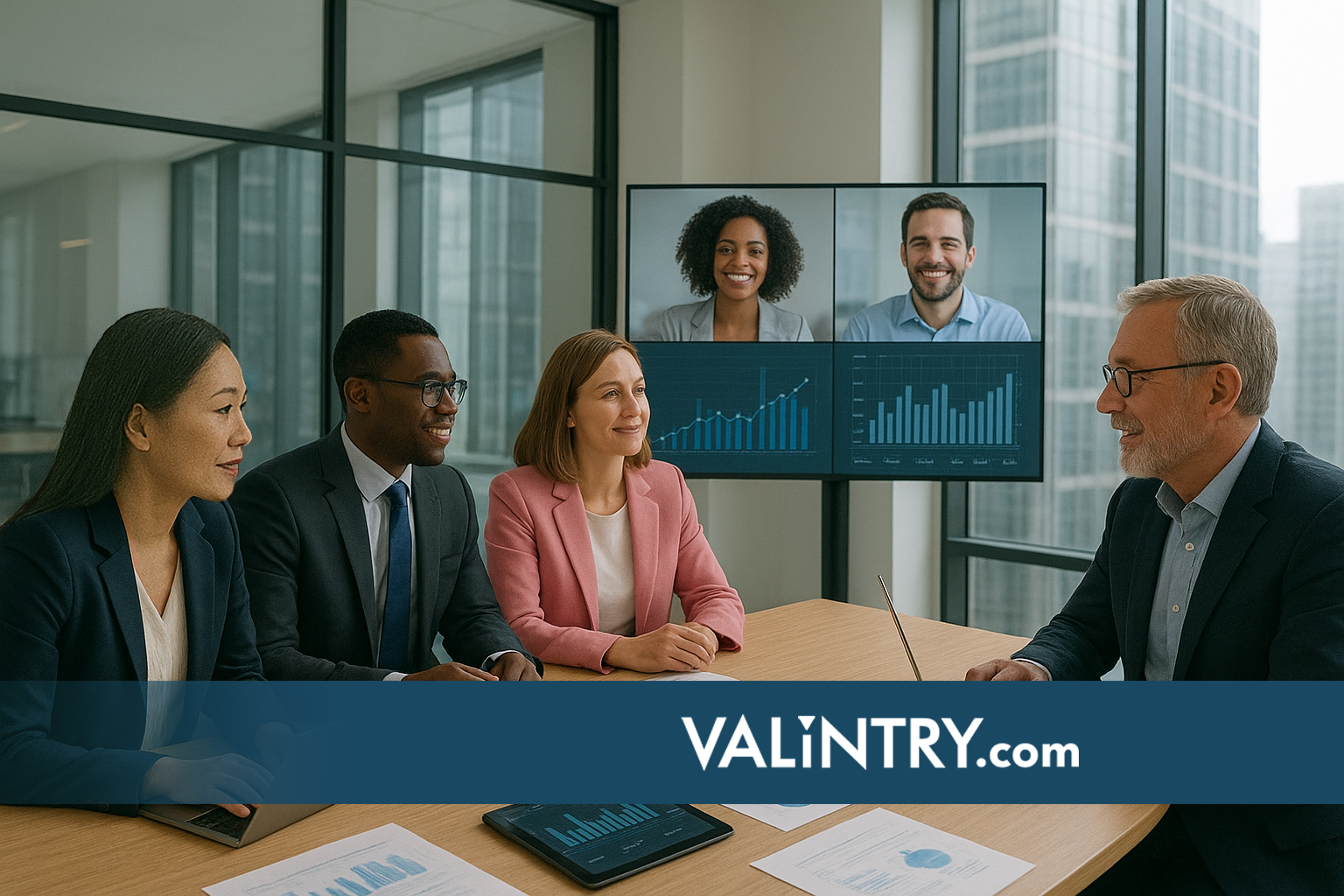 Diverse finance professionals collaborating in hybrid work environment with remote team members on video screens and financial dashboards discussing their experiences working with finance staffing agencies like VALiNTRY