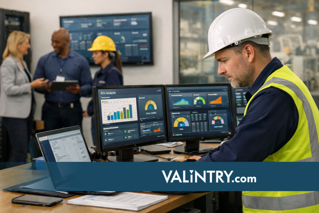 Field engineer and leadership team reviewing ROI dashboards and field service KPIs in a modern control room.