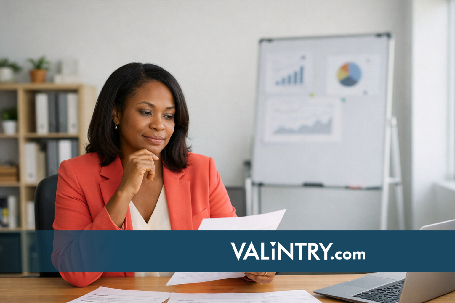 Hiring manager reviewing staff accountant resumes from VALiNTRY at office desk evaluating candidate qualifications