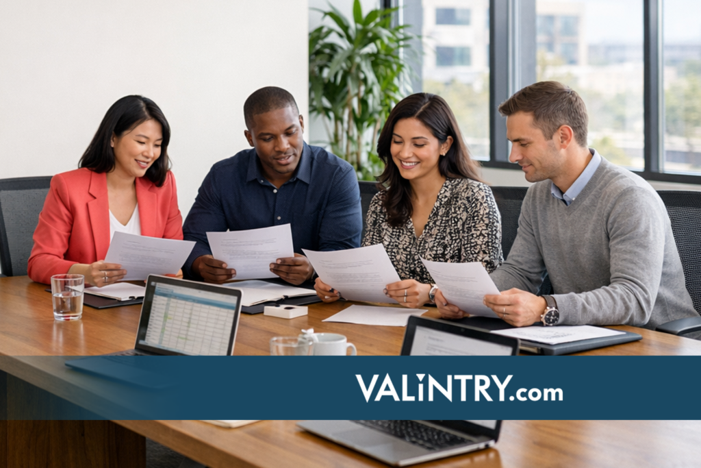 Diverse recruitment team reviewing accounting assistant job duties and screening candidate resumes at conference table