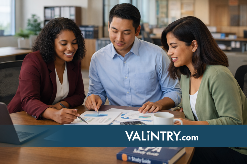 Diverse team of three accounting professionals collaborating on junior accountant job descriptions and financial documents in modern office setting