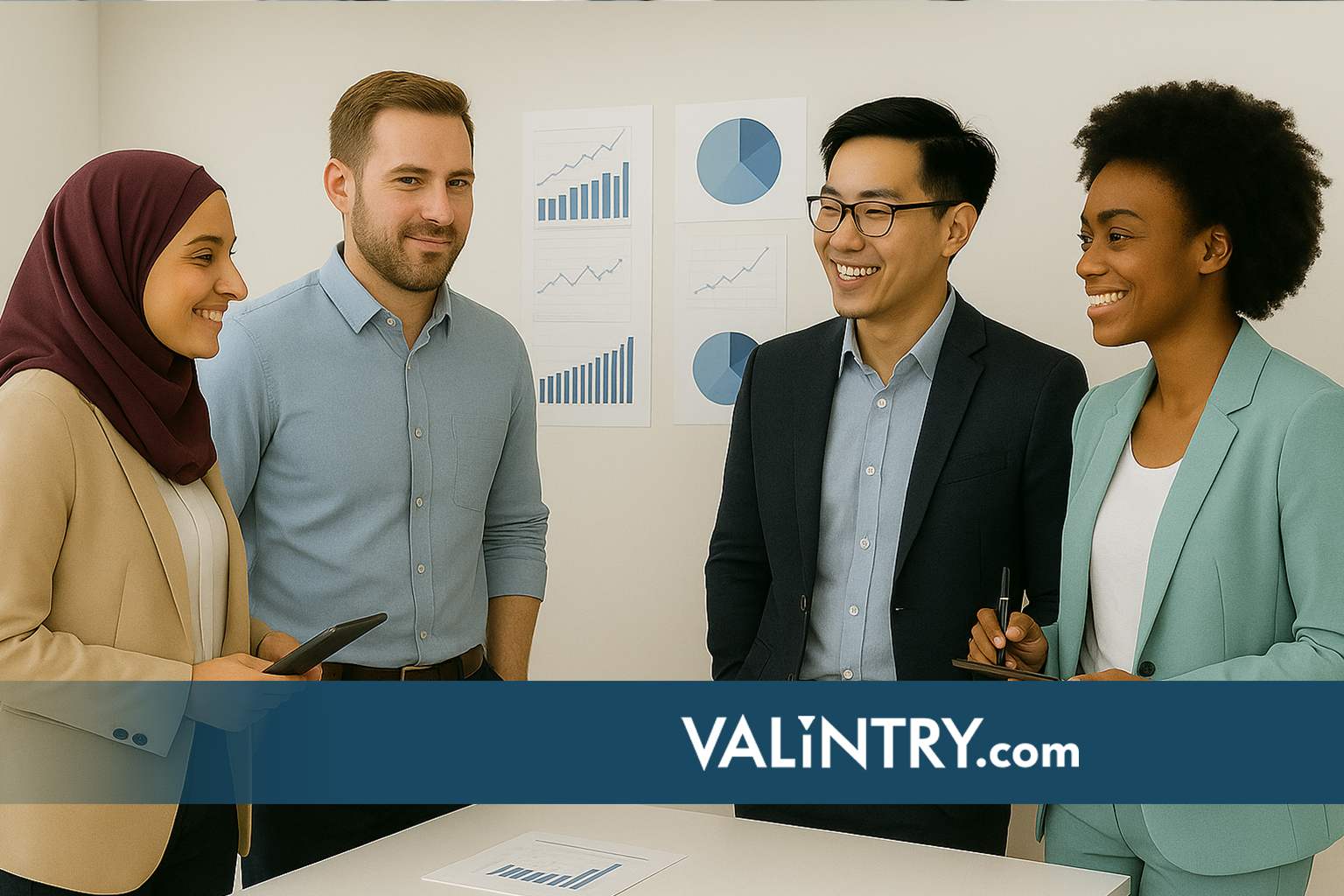 Diverse accounting team hired by VALiNTRY, one of the top accounting recruiting firms, happily chatting together about how much they enjoy their new roles.
