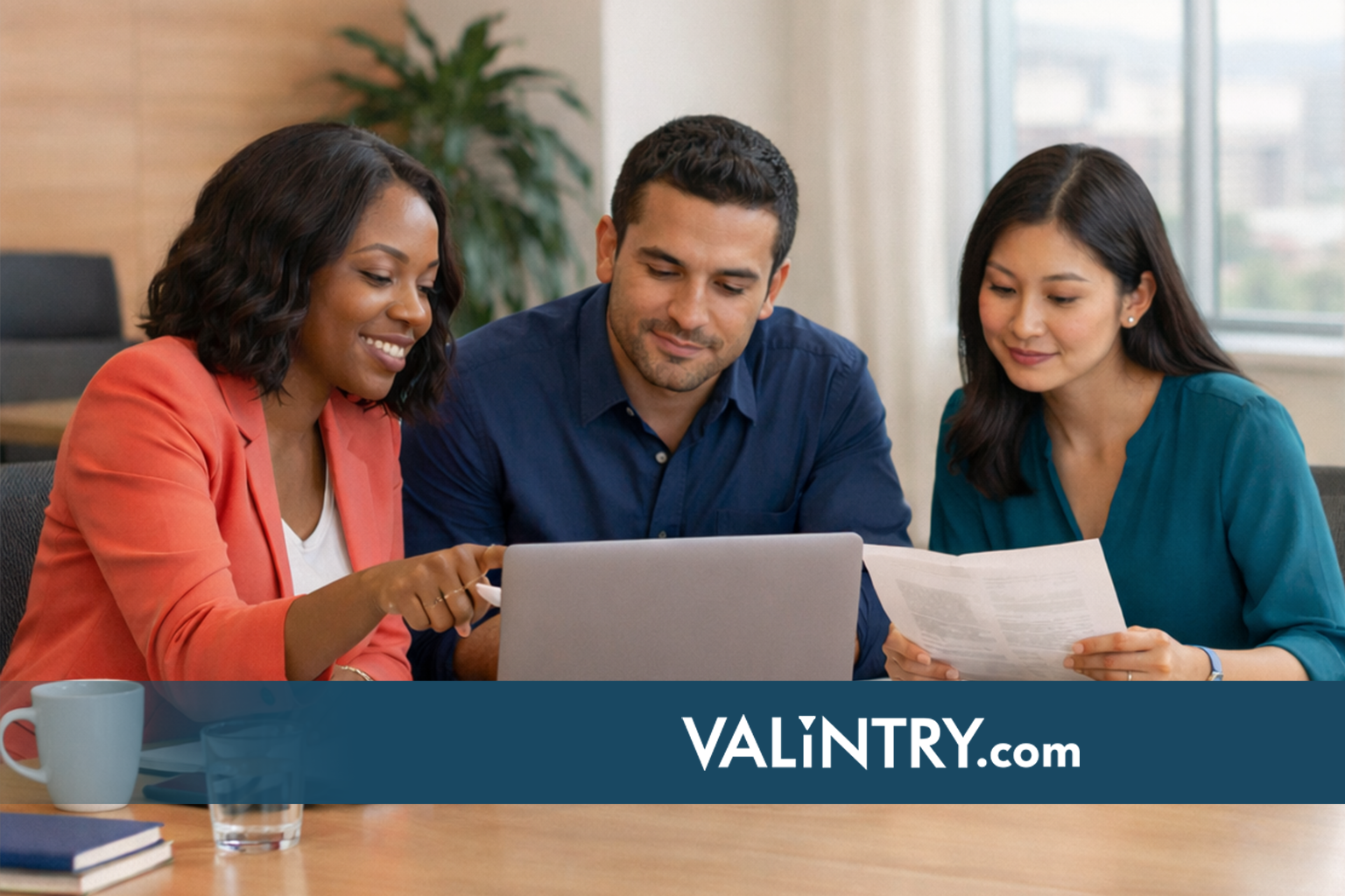 Diverse hiring team reviewing accounts receivables jobs description templates on laptop in modern office conference room with natural lighting