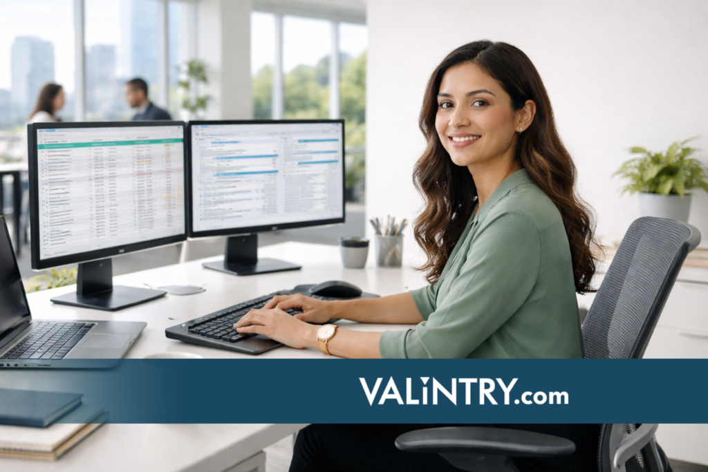 Professional staff accountant working at dual monitors displaying financial spreadsheets in modern corporate office - how to hire a staff accountant guide