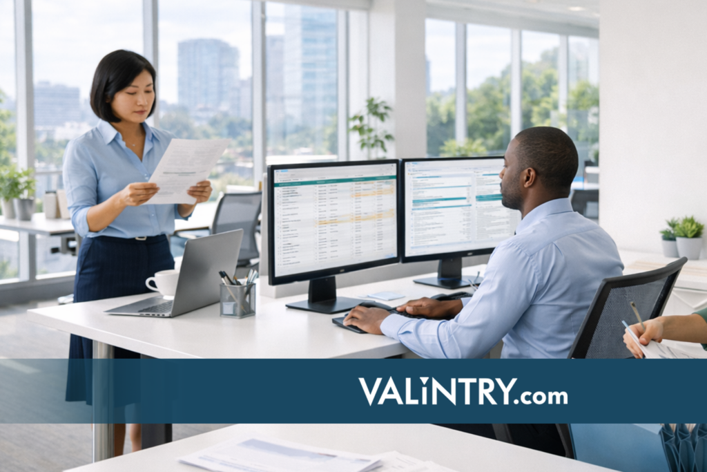 Accounting clerks collaborating in finance department reviewing invoices and financial data on computer monitors in professional office workspace