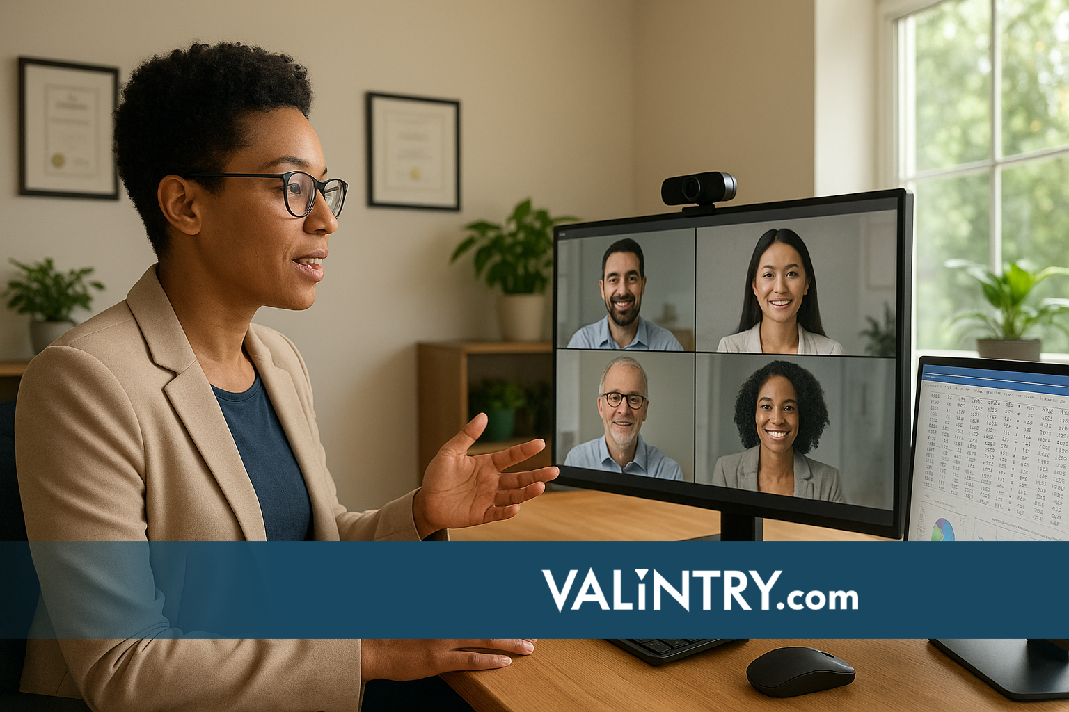 Finance staffing agencies, like VALiNTRY, help build remote teams: diverse finance professional collaborating from home office via video conference with distributed team members, showing modern remote finance work environment with financial data on screen